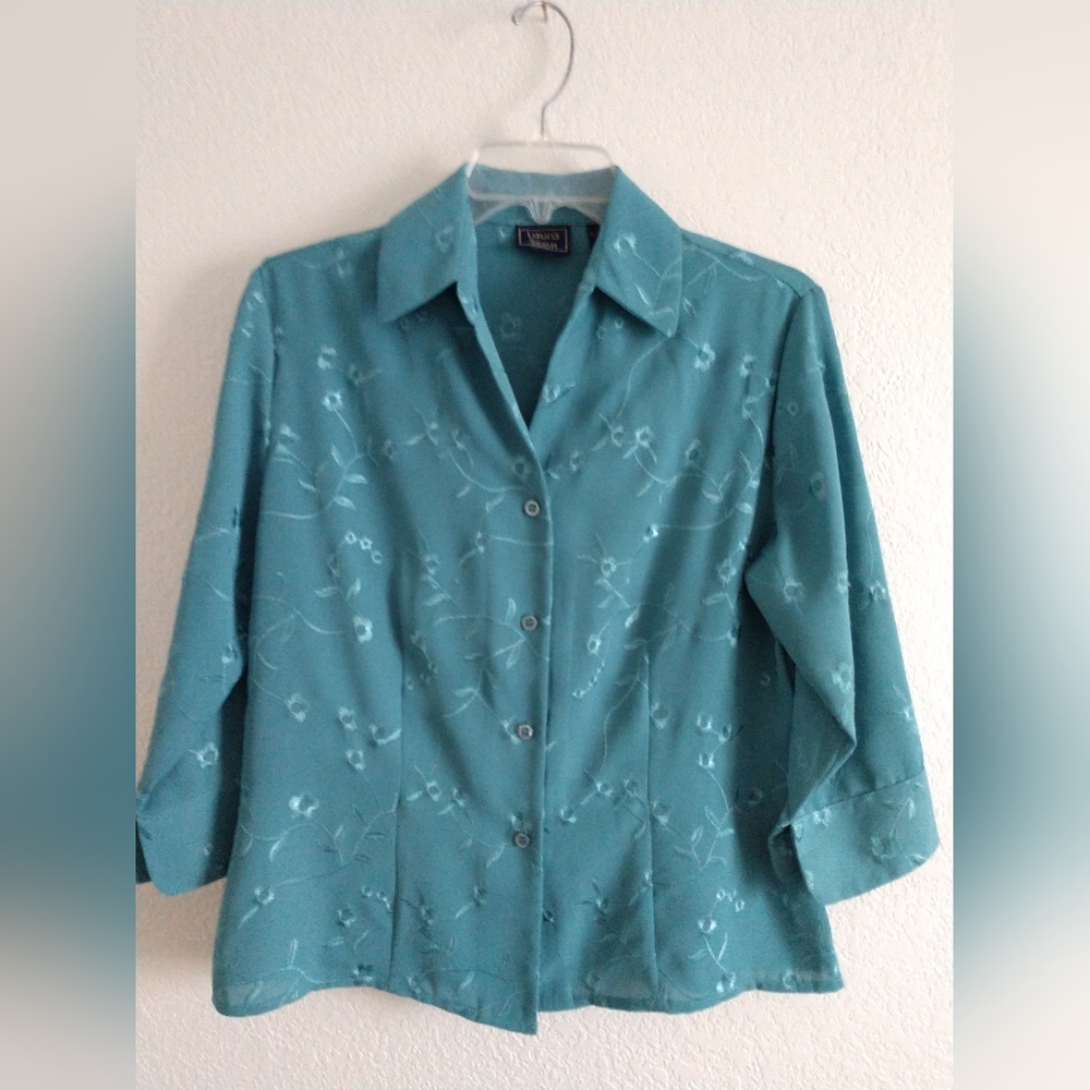 Vintage Laura Scott Blouse Blue on Blue Floral Embossed Small Petite Chest 38"